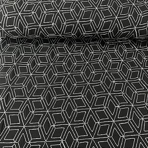 Linho com Viscose Bordado Preto Geométrico Branco