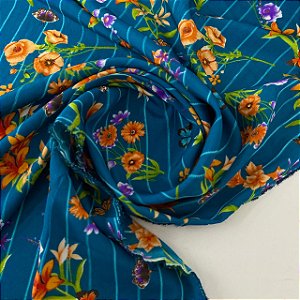 Crepe Indiano Estampado Fundo Azul Listrado com Florzinhas Amarelas e Lilás