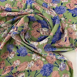 Crepe Indiano Estampado Fundo Verde Clarinho com Flor Marfim, Rosa e Azul