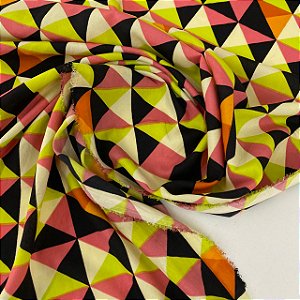 Crepe Indiano Estampado Geométrico Tons de Verde, Rosa e Preto