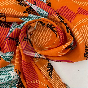 Crepe Indiano Estampado Fundo Laranja com Listras e Folhas