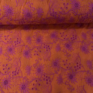 Laise Bicolor Bordada Laranja com Floral Roxo