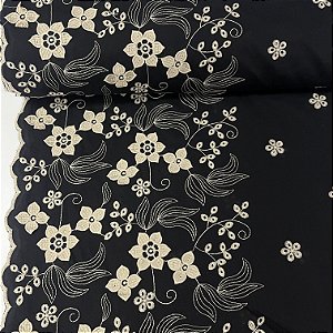 Laise Bordada Barrada Preta e Creme Floral