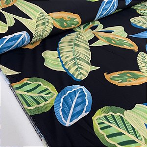 Tecido Promocional Crepe Fundo Preto Com Folhagens Verde e Azul
