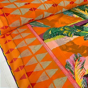 Tecido Promocional Crepe Estampado Barrado Laranja Com Folhagens verde