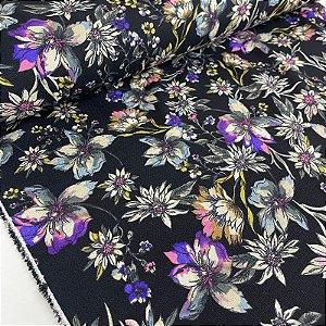 Tecido Promocional Crepe Estampado Fundo Preto Floral