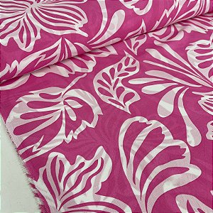 Tecido Promocional Crepe Estampado Rosa Folhagens Branca
