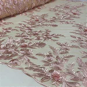 Tule Bordado 3D London Rosa Núvem