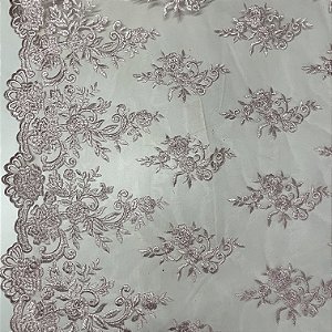Tule Bordado Juliana Rosa Nude Floral Aplicação