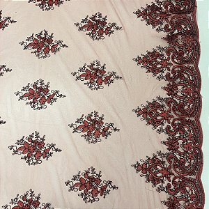 Tule Bordado Cord Metalic Vermelho com Preto