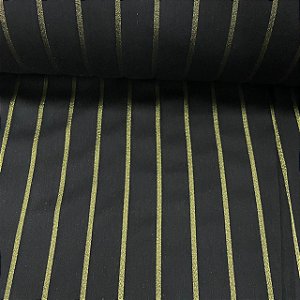 Linho Misto Estampado Preto com Listras Douradas