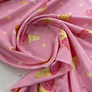 Malha de Algodão Estampada Cupcake Rosa
