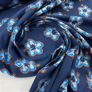 Malha de Algodão Estampada Rosa Havaiana Azul