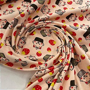 Malha de Algodão Estampada Gatinhos e Cupcake