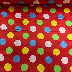 Cetim Estampado Petit Poá Colorido Fundo Vermelho