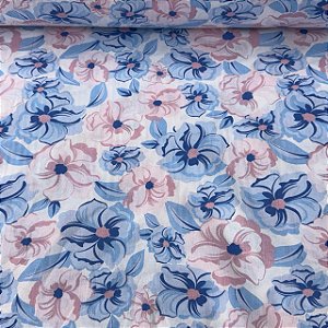 Percal Estampado 180 Fios Floral Azul e Rosa
