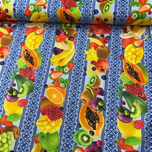 Tricoline Digital Barrado Frutas com Azul