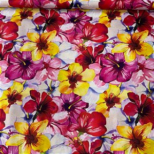 Tricoline Digital Floral Rosa e Amarelo