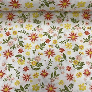 Tricoline Estampada Floral Girassól Fundo Branco