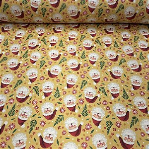 Tricoline Estampada Natalina Papai Noel Fundo Amarelo