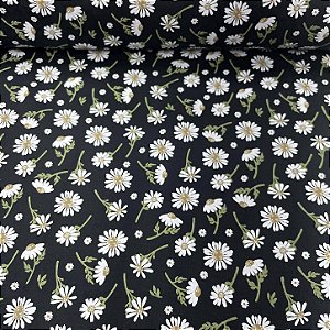 Tricoline Estampado Floral Girassóis Fundo Preto