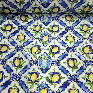 Tricoline Estampado Limão Siciliano e Azulejo Portugues