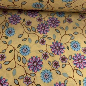 Liganete Estampada Florzinha Rosa e Verde Tiffany com Fundo Amarelo