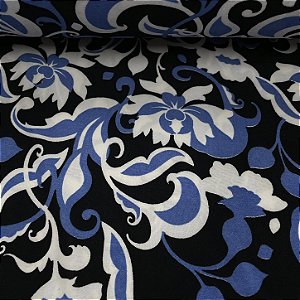 Liganete Estampada Flor Azul com Detalhes Branco com Fundo Preto