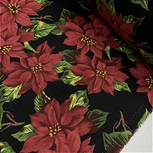 Oxford Mesa Natalina Fundo Preto com Flor Vermelha