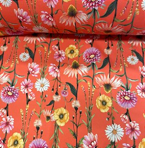 Suplex Estampado de Poligamia Santa Constância Fundo Laranja com Flores Amarela, Rosa e Branco