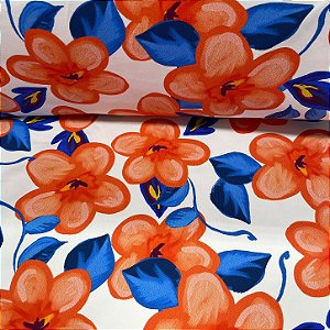 Suplex Estampado de Poliamida Santa Constância Fundo Branco com Flores Laranja com Folha Azul Royal