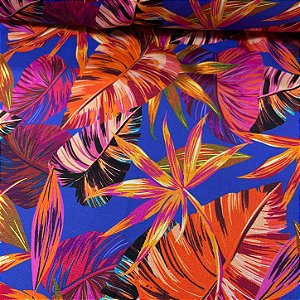Suplex Estampado de Poliamida Santa Constância Fundo Azul com Folhas Laranja,Fúscia,Amarelo