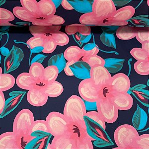 Suplex Estampado de Poliamida Santa Constância Fundo Azul Marinho com Flores Rosa