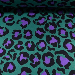 Suplex Estampado de Poliamida Santa Constância Fundo Verde Amazonas com Onça Roxa