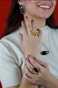 Colar Onça 408 Ródio Negro Esmaltado com Olho de Tigre