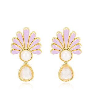 Brinco Leslie 1098 Ouro Resina Shell Quartzo Rosa