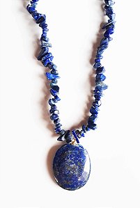 Colar de Cascalho e Pingente de Pedra Natural Lapis Lazuli
