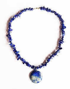 Gargantilha Cascalho e Pingente Pedra Natural Lapis Lazuli