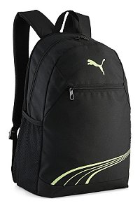 Mochila Puma com logo FUNDAMENTAL, preta e verde limão.