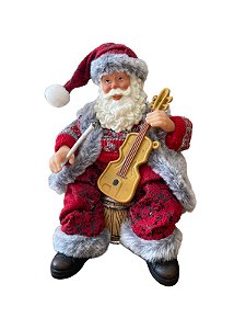 Boneco Natal Papai Noel Músico Violinista em Resina  27,5 cm