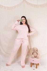 Pijama Feminino Manga Longa Inverno Rosa Fios Penteados OF