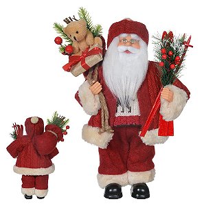 Boneco Natal Papai Noel 30 cm com Ski e Saco de Presente