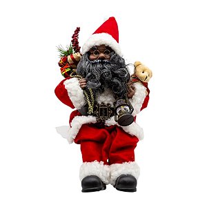 Papai Noel Negro Sentado Ursinho e Saco de Presentes 45cm