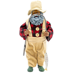 Boneco Natal Papai Noel Negro Pescador com Vara de Pescar
