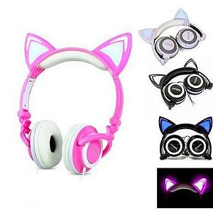 Fone Ouvido Headphone Com Fio Estéreo Orelha Gato Gatinho Led Infantil P2  Exbom HF-C22 Rosa