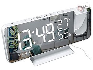 Rádio Relógio, Despertador Digital com Projeção de LED para Quarto, Relógio Espelhado Digital com Carregador USB