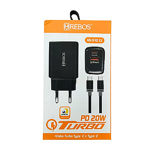 HS-510 Cc - Carregador Pd 20W + USB Turbo 3.0 + Cabo PD Tipo C - Hrebos