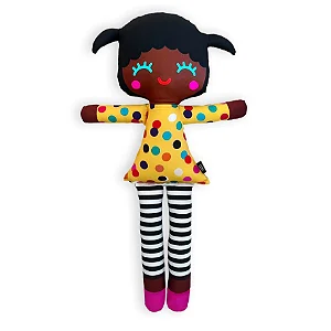 Boneca de Pano Articulada Gigi Negra Poá Coloridos Amarelo - GG