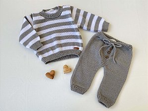 Conjunto Tricô Calça Saruel com Blusão Listras Cinza