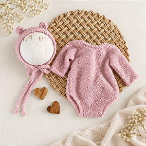 Conjunto Body e touca Ursinho Rosa